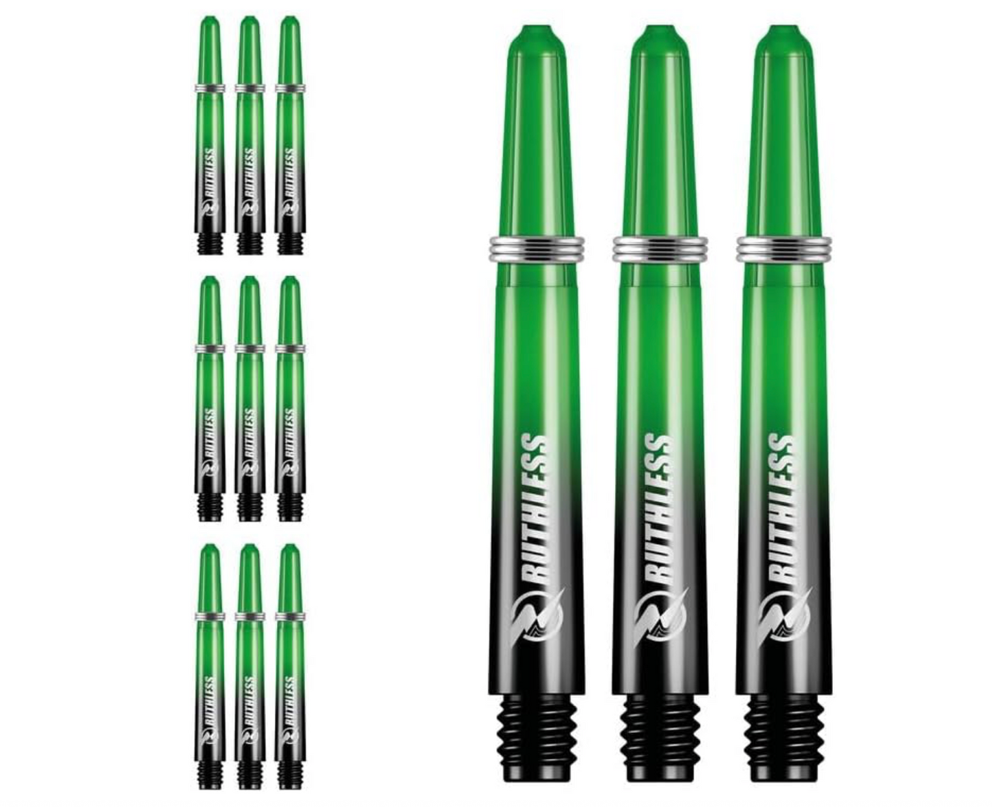 RUTHLESS DEFLECTAGRIP PLUS DART SHAFTS - POLYCARBONATE STEMS WITH SPRINGS - GREEN SHORT