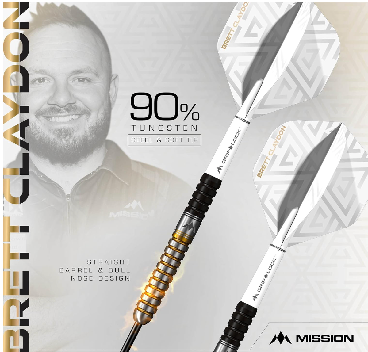 MISSION BRETT CLAYDON DARTS - STEEL TIP - BLACK & GOLD 24G