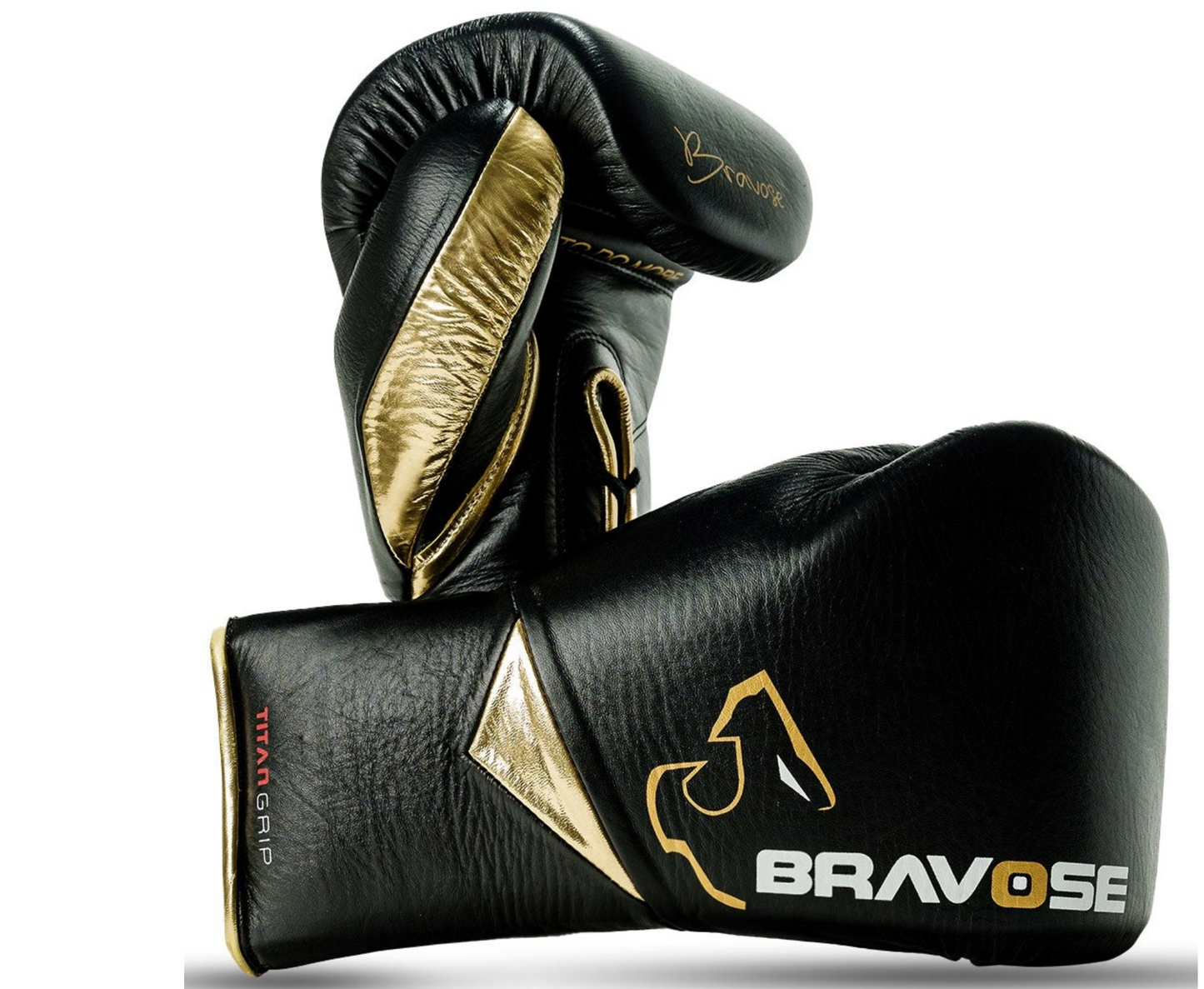 BRAVOSE TITAN GRIP BLACK AND GOLD LACE UP BOXING GLOVES 10oz